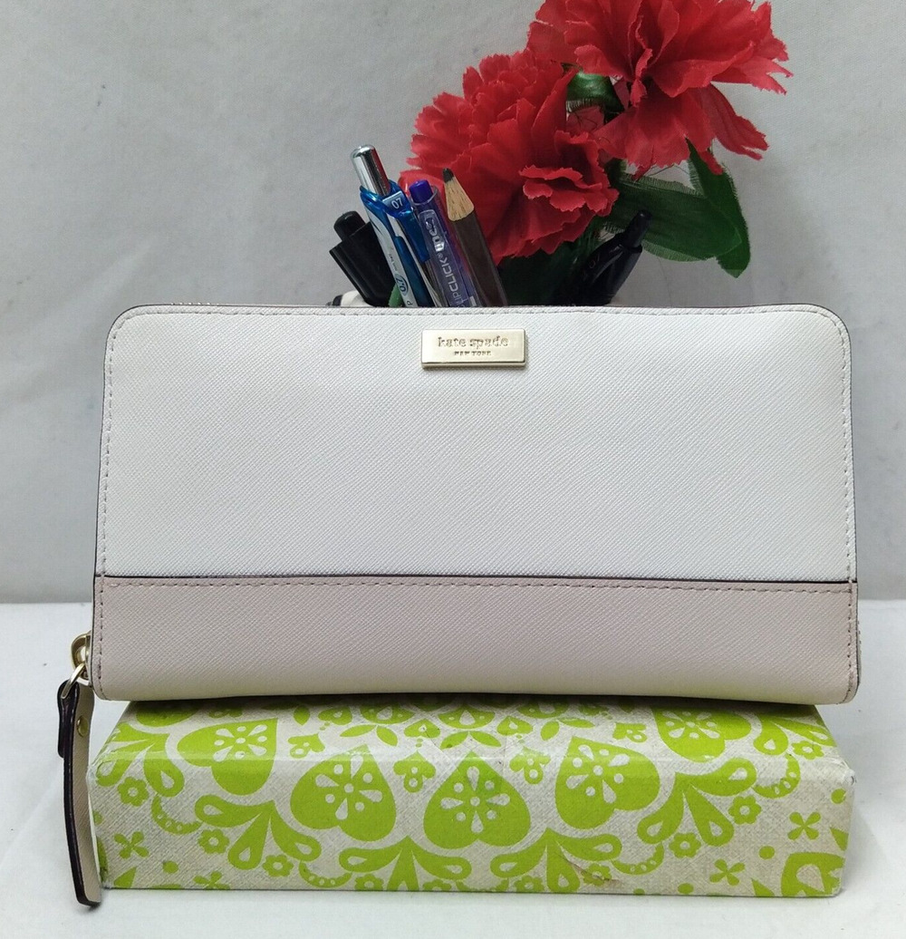 Kate Spade New York Colorblock Ivory Pink Leather Zip Around Credit Card Wallet
